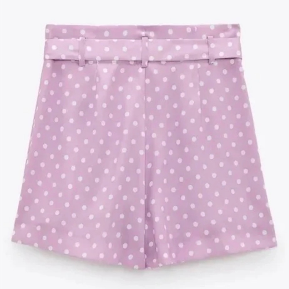ZARA Lilac & White Polka Dot High Waisted Flowy Satin Belted Paperbag Shorts XS - Picture 7 of 16